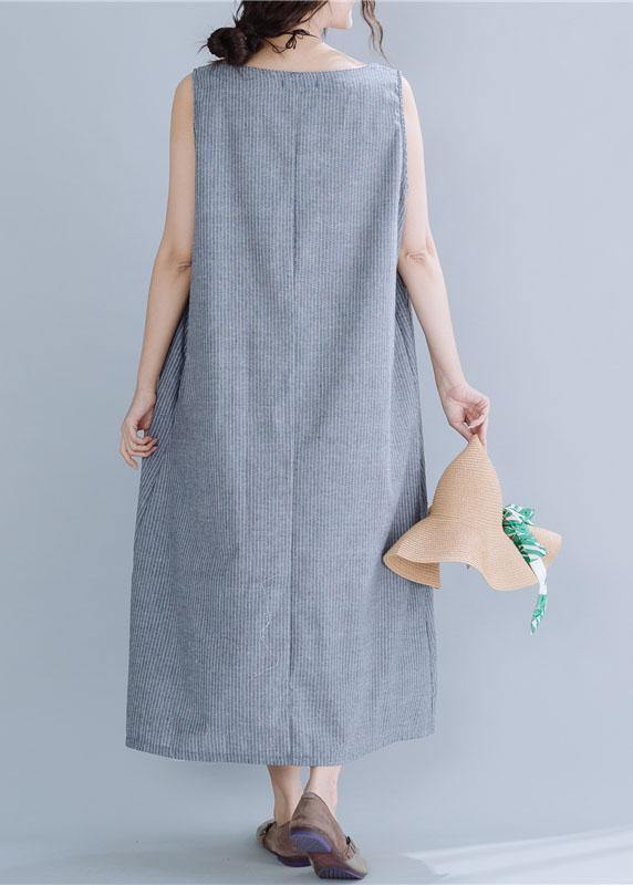 Natural gray striped linen cotton quilting clothes o neck sleeveless Maxi summer Dress - bagstylebliss