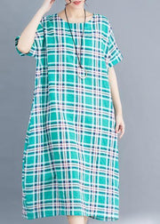 Natural green cotton clothes 2019 Sleeve plaid Plus Size Clothing summer Dress - bagstylebliss
