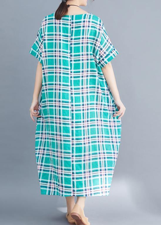 Natural green cotton clothes 2019 Sleeve plaid Plus Size Clothing summer Dress - bagstylebliss