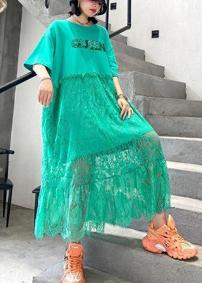 Natural green cotton clothes Women o neck patchwork lace Maxi Dresses - bagstylebliss