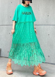 Natural green cotton clothes Women o neck patchwork lace Maxi Dresses - bagstylebliss