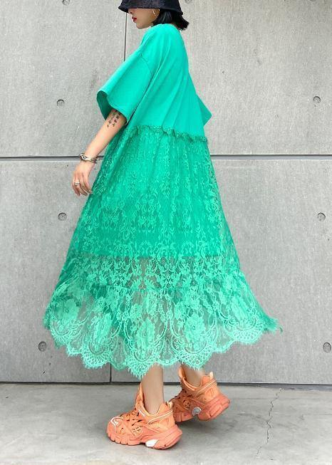 Natural green cotton clothes Women o neck patchwork lace Maxi Dresses - bagstylebliss