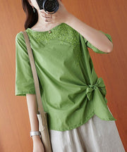 Natural green embroidery clothes o neck Bow tunic - bagstylebliss