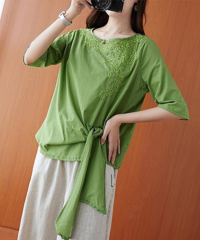 Natural green embroidery clothes o neck Bow tunic - bagstylebliss