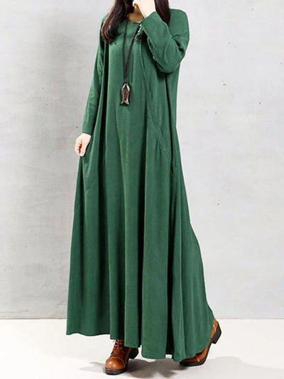 Natural green linen clothes o neck patchwork Robe spring Dress - bagstylebliss