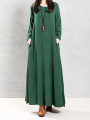 Natural green linen clothes o neck patchwork Robe spring Dress - bagstylebliss