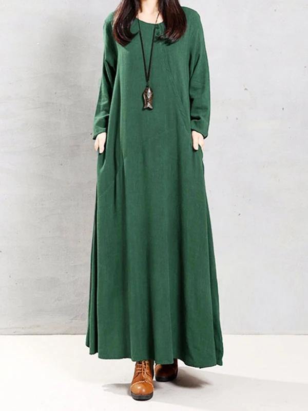 Natural green linen clothes o neck patchwork Robe spring Dress - bagstylebliss