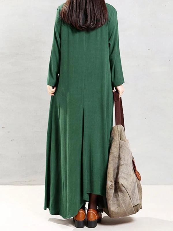 Natural green linen clothes o neck patchwork Robe spring Dress - bagstylebliss