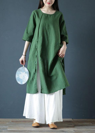 Natural green linen dresses o neck side open cotton Dress - bagstylebliss