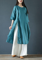 Natural green linen dresses o neck side open cotton Dress - bagstylebliss