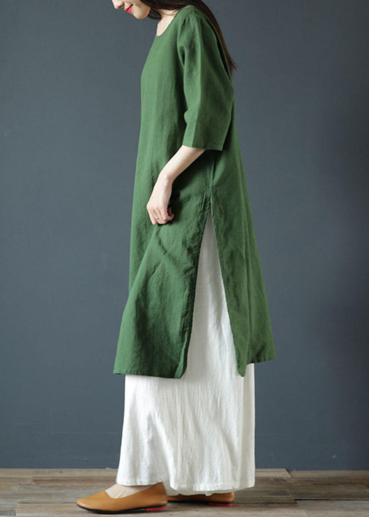 Natural green linen dresses o neck side open cotton Dress - bagstylebliss