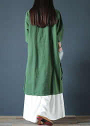 Natural green linen dresses o neck side open cotton Dress - bagstylebliss