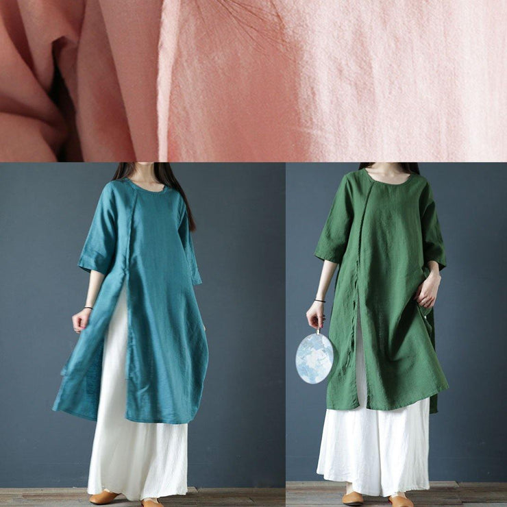 Natural green linen dresses o neck side open cotton Dress - bagstylebliss