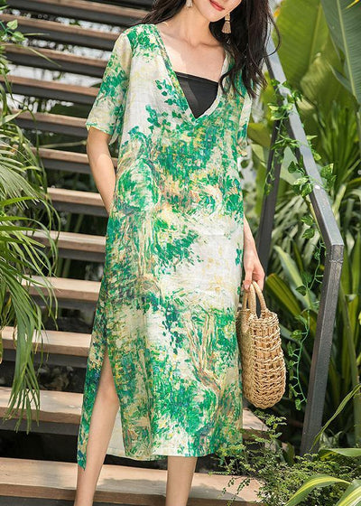 Natural green print linen Wardrobes v neck side open Maxi summer Dresses - bagstylebliss