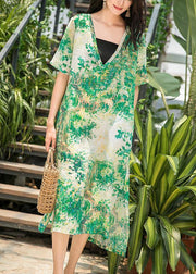 Natural green print linen Wardrobes v neck side open Maxi summer Dresses - bagstylebliss