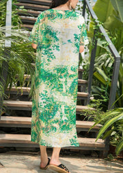 Natural green print linen Wardrobes v neck side open Maxi summer Dresses - bagstylebliss