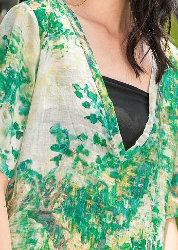 Natural green print linen Wardrobes v neck side open Maxi summer Dresses - bagstylebliss