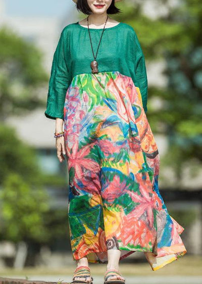 Natural green print linen clothes For Women o neck patchwork Kaftan summer Dress - bagstylebliss