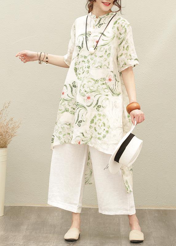 Natural green print linen linen tops women blouses stand collar asymmetric silhouette  tops - bagstylebliss