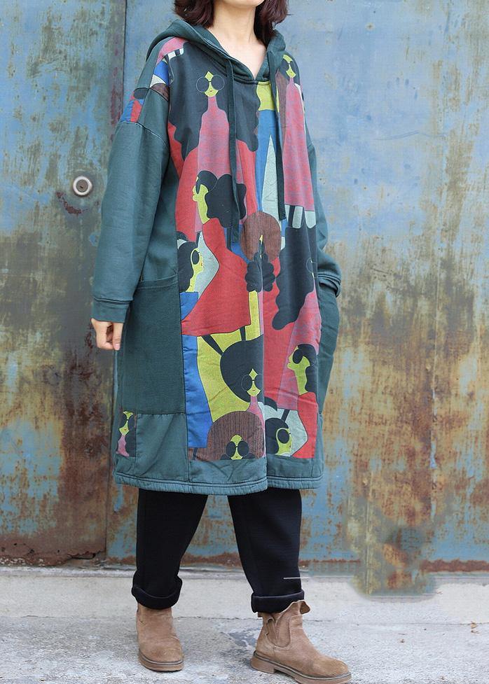Natural green prints cotton tunics for women patchwork long hooded Dress - bagstylebliss
