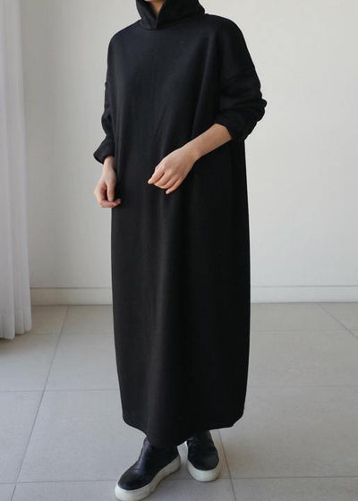 Natural hooded Batwing Sleeve cotton Tunics Runway black long Dresses - bagstylebliss