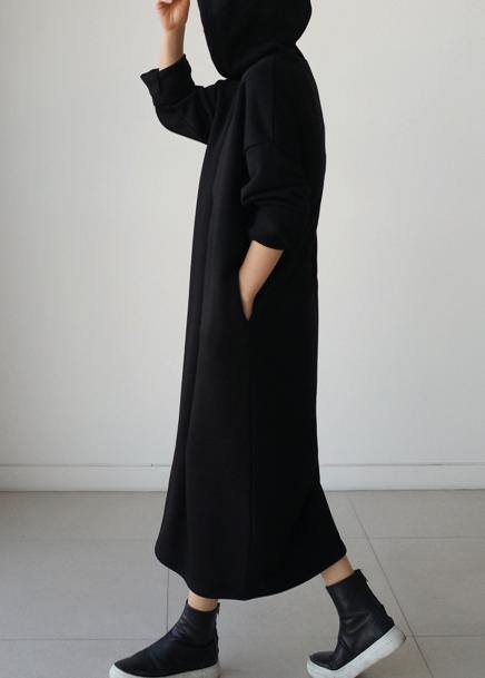 Natural hooded Batwing Sleeve cotton Tunics Runway black long Dresses - bagstylebliss