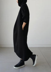 Natural hooded Batwing Sleeve cotton Tunics Runway black long Dresses - bagstylebliss