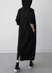 Natural hooded Batwing Sleeve cotton Tunics Runway black long Dresses - bagstylebliss