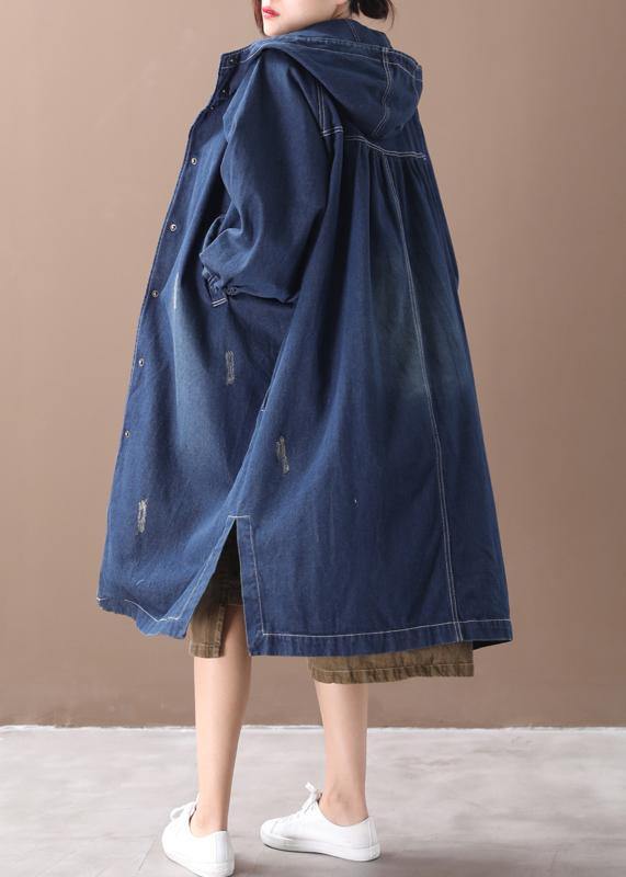 Natural hooded Hole Plus Size outfit denim blue silhouette coats - bagstylebliss