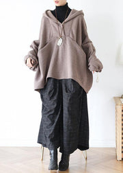 Natural hooded patchwork Blouse Cotton khaki blouse - bagstylebliss