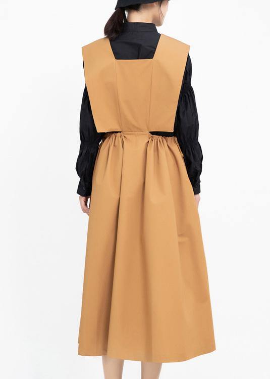 Natural khaki cotton clothes drawstring cotton robes sleeveless Dress - bagstylebliss