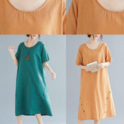 Natural khaki o neck cotton linen dresses Button decorated summer Dress - bagstylebliss