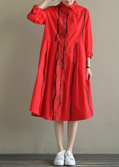 Natural lapel Button Down Cotton tunic Work Outfits red striped Dresses summer - bagstylebliss