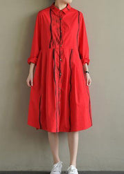 Natural lapel Button Down Cotton tunic Work Outfits red striped Dresses summer - bagstylebliss