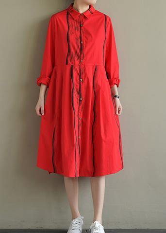 Natural lapel Button Down Cotton tunic Work Outfits red striped Dresses summer - bagstylebliss