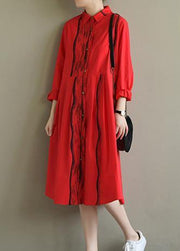 Natural lapel Button Down Cotton tunic Work Outfits red striped Dresses summer - bagstylebliss