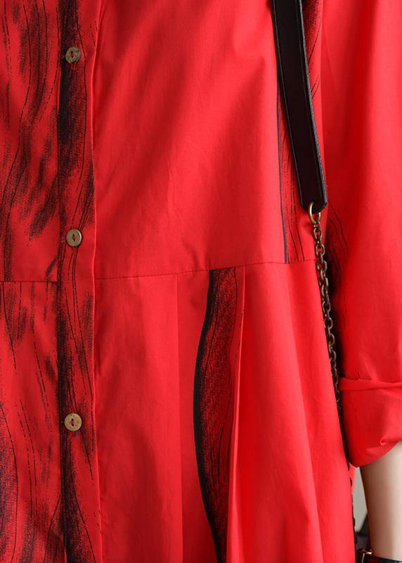 Natural lapel Button Down Cotton tunic Work Outfits red striped Dresses summer - bagstylebliss