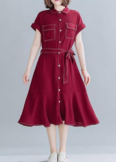 Natural lapel Ruffles linen clothes For Women Work red Dresses - bagstylebliss