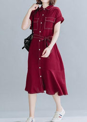 Natural lapel Ruffles linen clothes For Women Work red Dresses - bagstylebliss