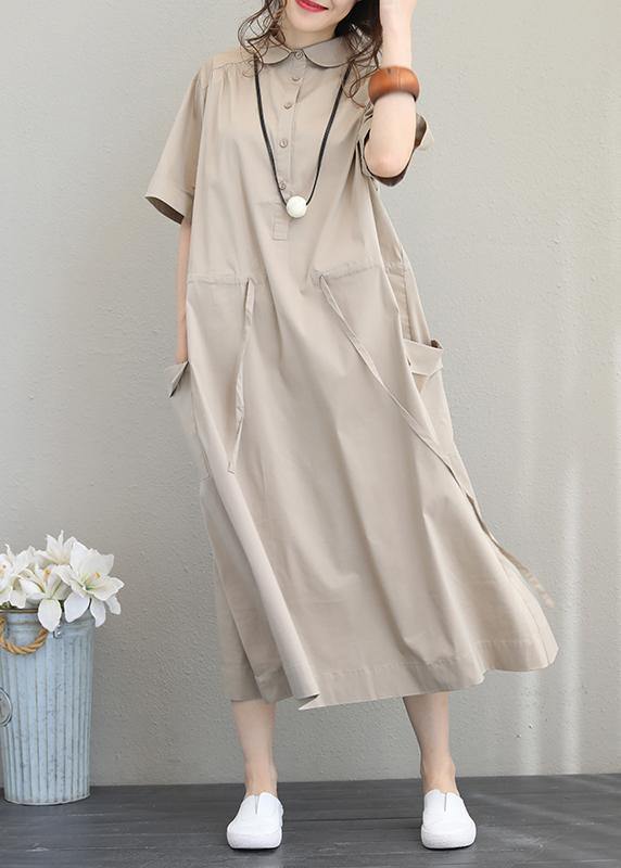 Natural lapel drawstring cotton clothes linen khaki Maxi Dress - bagstylebliss