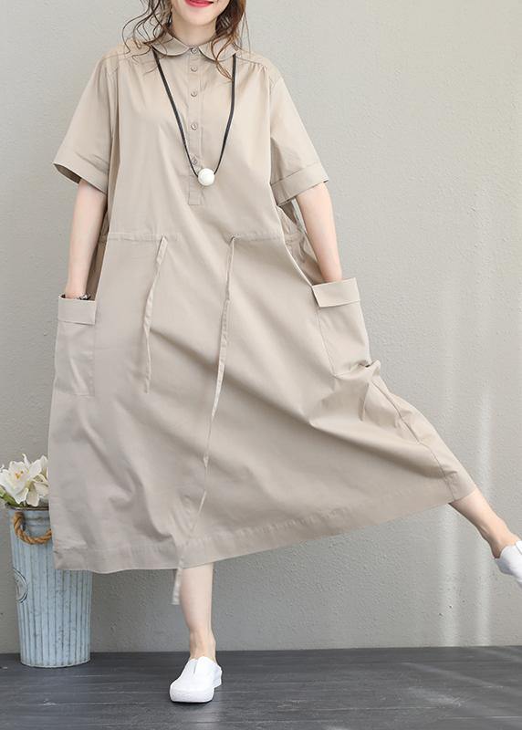 Natural lapel drawstring cotton clothes linen khaki Maxi Dress - bagstylebliss