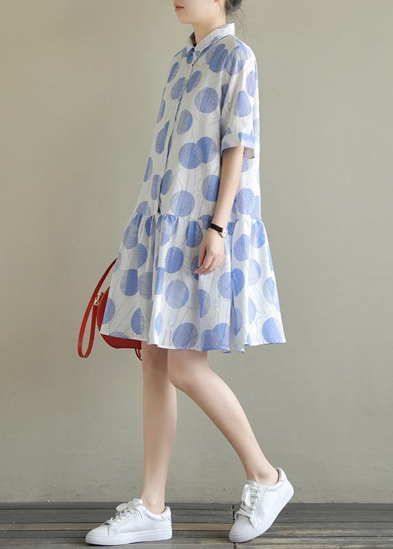 Natural lapel half sleeve Cotton quilting dresses Inspiration blue dotted Dress summer - bagstylebliss