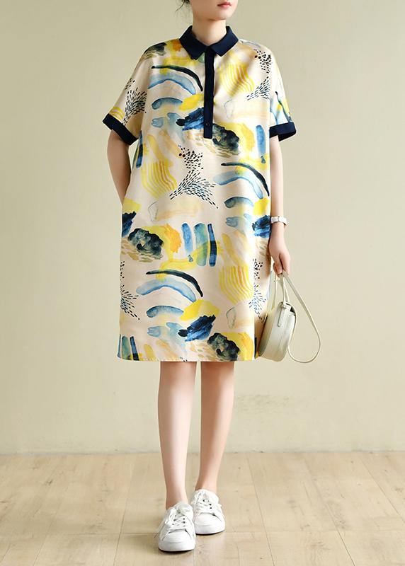 Natural lapel short sleeve Tunics design yellow print Dresses - bagstylebliss