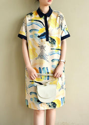 Natural lapel short sleeve Tunics design yellow print Dresses - bagstylebliss