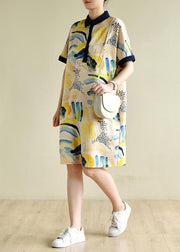 Natural lapel short sleeve Tunics design yellow print Dresses - bagstylebliss