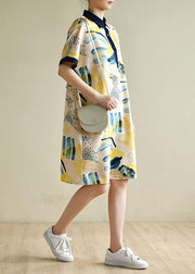 Natural lapel short sleeve Tunics design yellow print Dresses - bagstylebliss