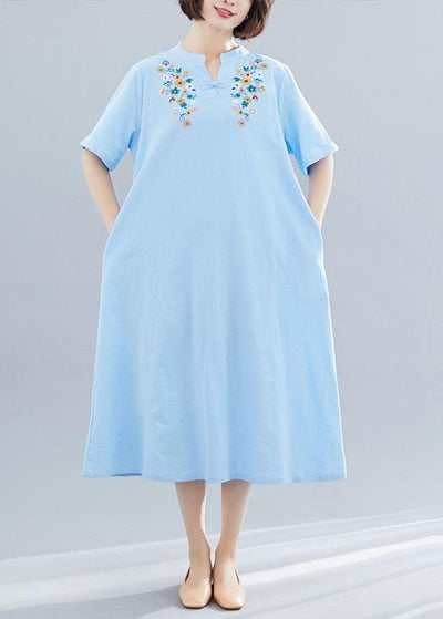 Natural light blue linen cotton clothes embroidery Plus Size Clothing summer Dresses - bagstylebliss