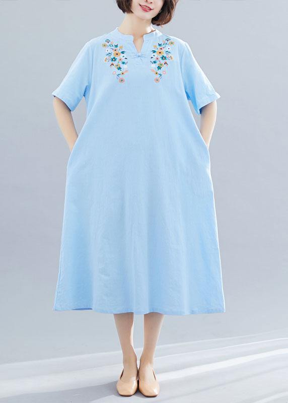 Natural light blue linen cotton clothes embroidery Plus Size Clothing summer Dresses - bagstylebliss