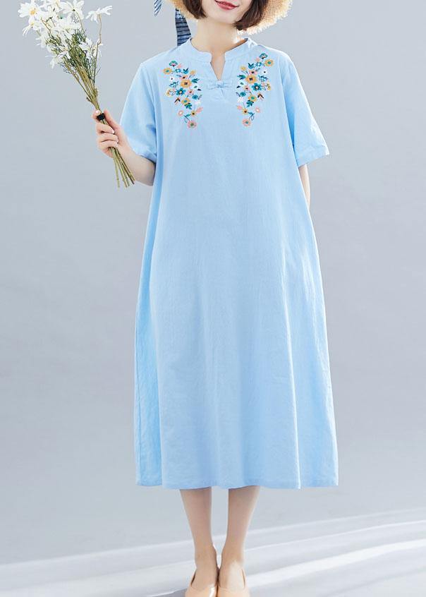 Natural light blue linen cotton clothes embroidery Plus Size Clothing summer Dresses - bagstylebliss