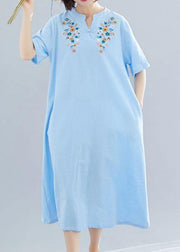 Natural light blue linen cotton clothes embroidery Plus Size Clothing summer Dresses - bagstylebliss